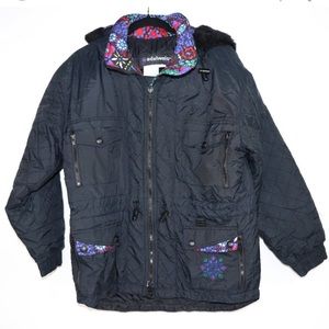 Vintage 80s Edelweiss Skiwear Black Hooded Embroidered Puffer Jacket